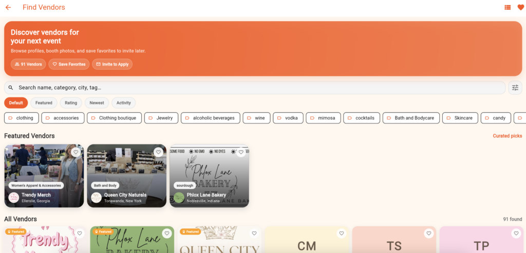 Screenshot of the find vendors screen on from let's pop shop showing featured vendors